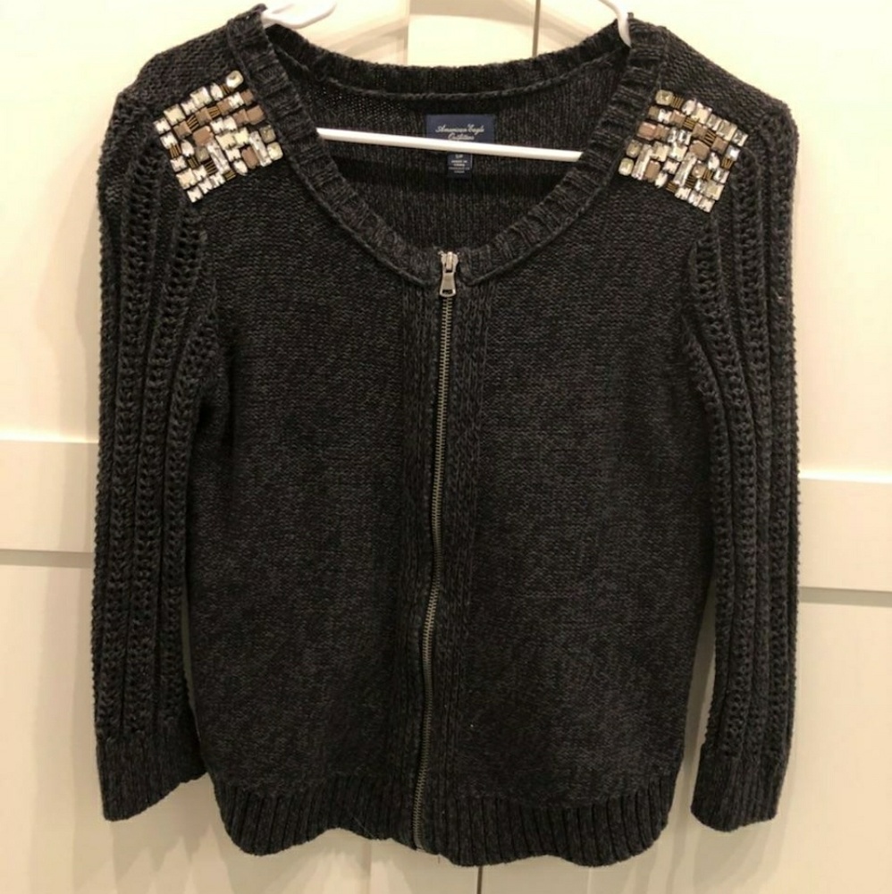 Charcoal Knitted Cardigan with Jeweled Details